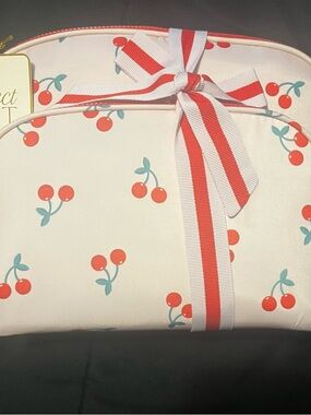 Cherry Print Cosmetic Bag Set with Red Striped Bow